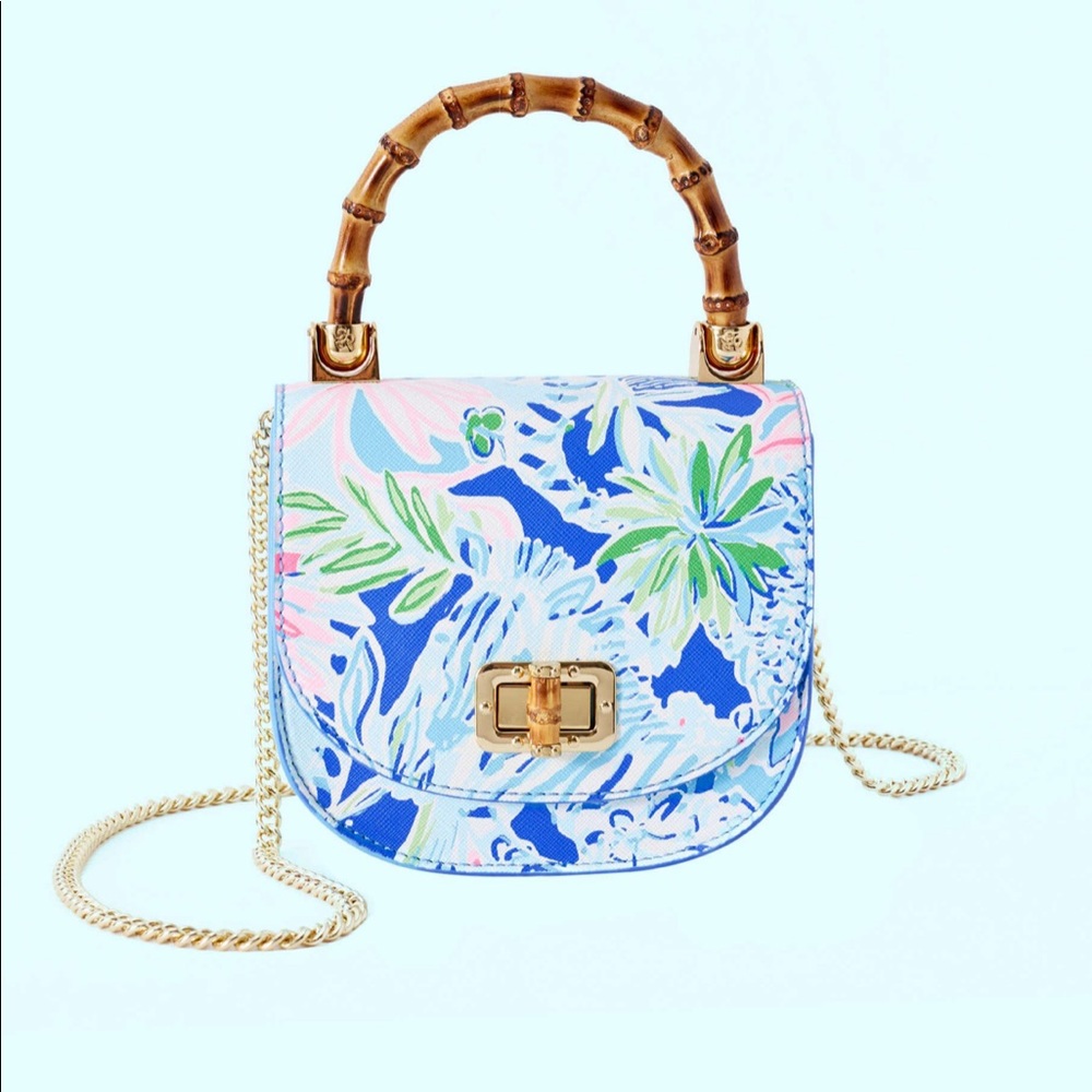EUC Lilly Pulitzer Leilani mini bag with bamboo handle and chain strap inside